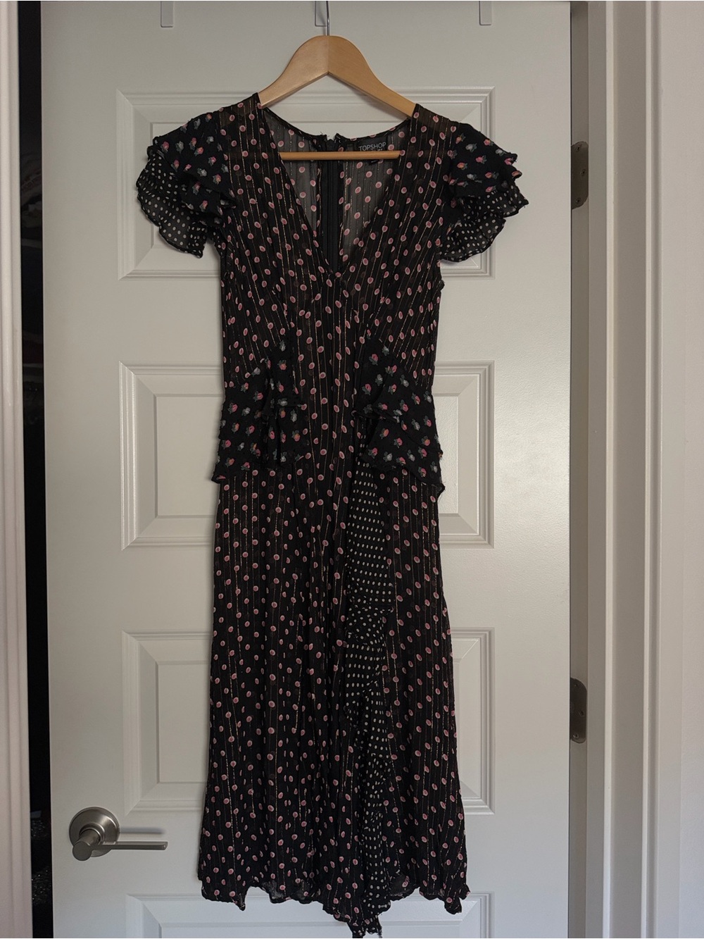 Topshop Black Midi Dress with Pink Dot Floral Print